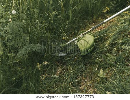 Gasoline Trimmer Head On Green Grass. Round Trimmer Blade.