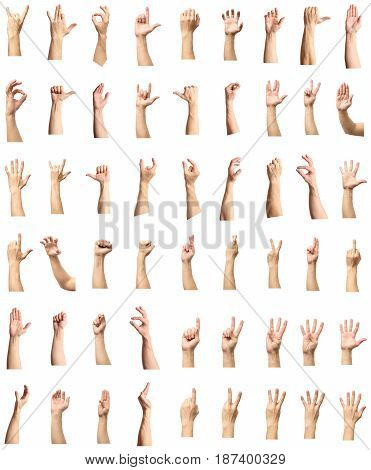 Male Hand Gesture And Sign Collection Isolated Over White Background