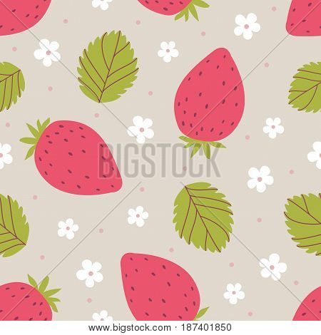 Strawberry seamless pattern in pink and green colors isolated on beige background. Vector illustration