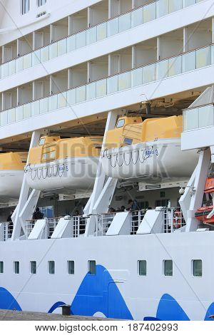 IJmuiden the Netherlands - April 30th 2017: Aida Sol docked at the Felison Cruise Terminal detail of safety vessels