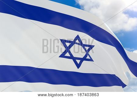 3D Rendering Of Israel Flag Waving On Blue Sky Background