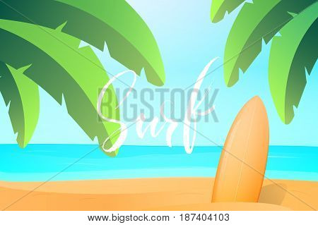Summer surfing. Tropical island with surfboard, palms, ocean and beach. Summer landscape beach view