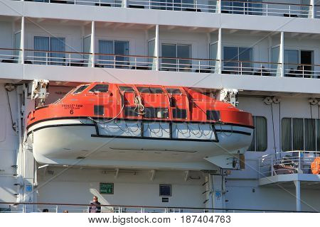 Velsen the Netherlands - May 20th 2017: MS Prinsendam detail of lifeboat