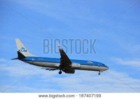 Amsterdam the Netherlands - July 15th 2016:PH-BCA KLM Royal Dutch Airlines Boeing 737 approaching Polderbaan runway at Schiphol Amsterdam Airport arriving from Paris France