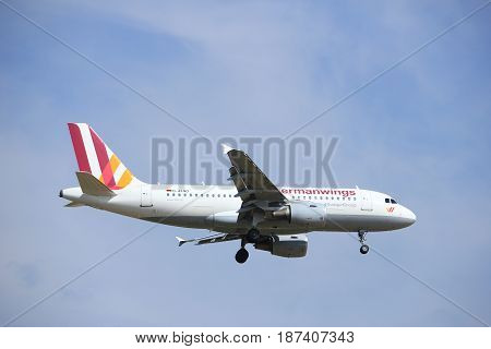 Amsterdam the Netherlands - July 21st 2016: D-AKNO Germanwings Airbus A319 approaching Polderbaan runway at Schiphol Amsterdam Airport arriving from stuttgard Germany