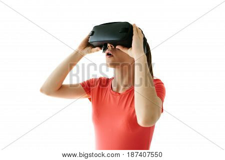 Woman with glasses of virtual reality. Future technology concept. Modern imaging technology. White background.