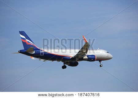 Amsterdam the Netherlands - July 21st 2016:VP-BJY Aeroflot - Russian Airlines Airbus A320 approaching Polderbaan runway at Schiphol Amsterdam Airport arriving from Moscow Russia