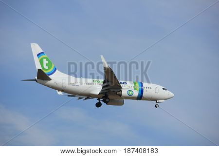 Amsterdam the Netherlands - July 21st 2016:PH-XRY Transavia Boeing 737 approaching Polderbaan runway at Schiphol Amsterdam Airport arriving from Turin Italy