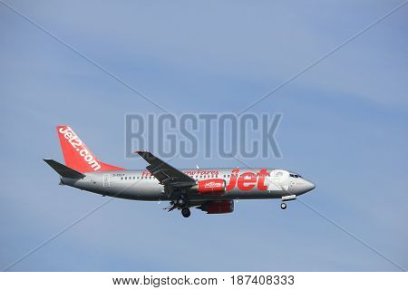 Amsterdam the Netherlands - July 21st 2016: G-CELF Jet2 Boeing 737 approaching Polderbaan runway at Schiphol Amsterdam Airport arriving from Leeds