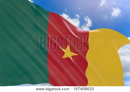 3D Rendering Of Cameroon Flag Waving On Blue Sky Background