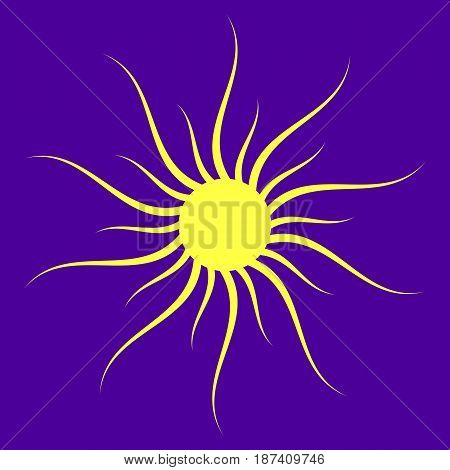 Isolated big sun with wavy beams on blue background
