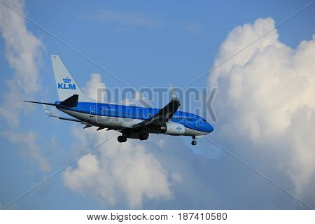 Amsterdam the Netherlands - May 20th 2017: PH-BGD KLM Royal Dutch Airlines Boeing 737 approaching Schiphol Polderbaan runway