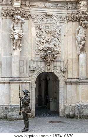 ALBA IULIA Romania - APRIL 30 2017: Bronze statue with soldier in front of Third Gate of the City in Citadel of Alba Iulia city.