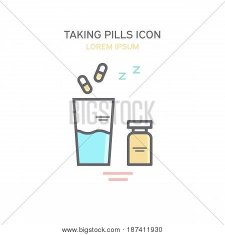 Color icon of glass of water and pills. Medical vector illustration in a linear style.