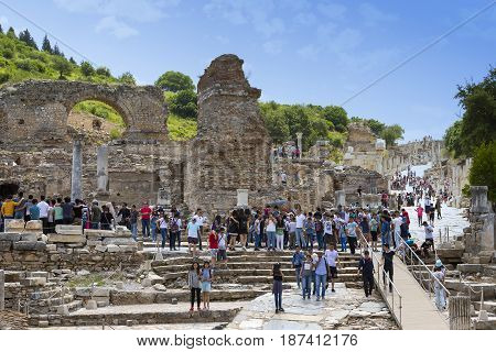 EPHESUS, TURKEY - 6 MAY , 2017: The ruins of the ancient antique city of Ephesus the library building of Celsus, the amphitheater temples and columns. Candidate for the UNESCO World Heritage List