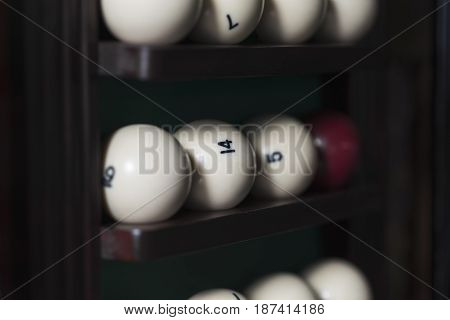 Set of russain billiard balls on the rack an angle