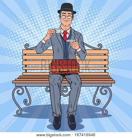 Pop Art Englishman Drinking Tea on the Bench in the Park. Coffee Break. Vector illustration