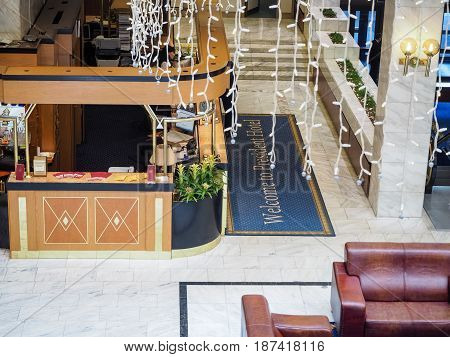 MOSCOW RUSSIA - MAY 18 2017: Reception of President Hotel in Moscow Russia on May 18 2017. Hotel belongs to Department of Affairs of the President of the Russian Federation.