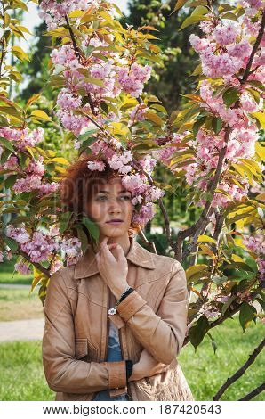 Beautiful girl posing against the background of blooming pink trees. Spring. Sakura.
