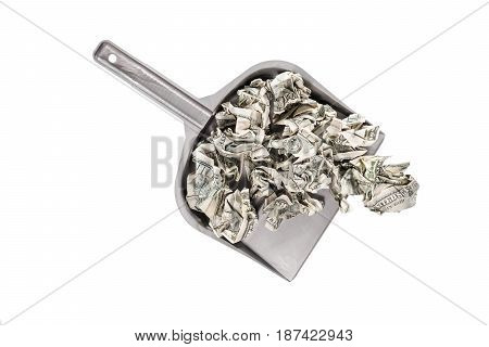 Crumpled hundred dollar bills in a scoop top view isolated on a white background