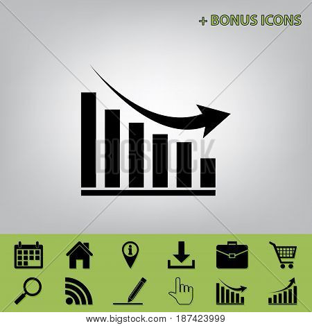 Declining graph sign. Vector. Black icon at gray background with bonus icons 