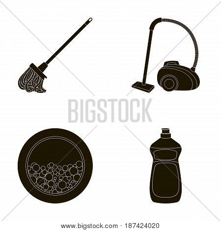 A mop with a handle for washing floors, a green vacuum cleaner, a window of a washing machine with water and foam, a bottle with a cleaning agent. Cleaning set collection icons in black style vector symbol stock illustration .