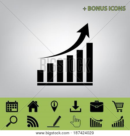 Growing graph sign. Vector. Black icon at gray background with bonus icons