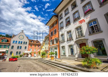BRUGG SWITZERLAND - August 2016 - Old city center of Brugg Aargau Switzerland