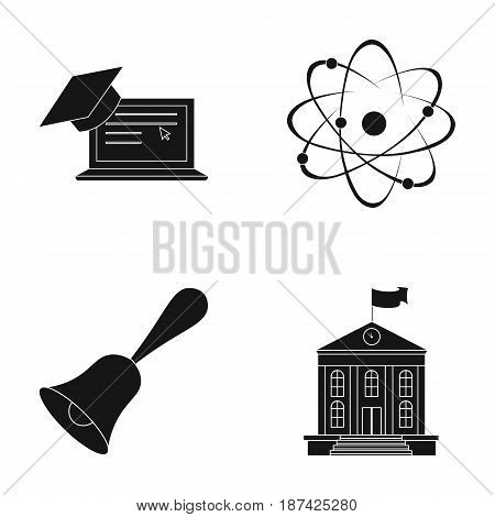 Computer, cap, atom, nucleus, bell, university building. School set collection icons in black style vector symbol stock illustration .
