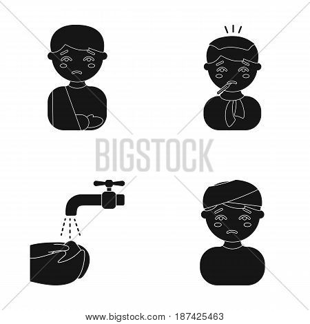 A man with a broken arm in a cast, a patient with a thermometer in his mouth in a scarf, hands under a stream of water, wash, a boy with a bandaged head bandage. Sick set collection icons in black style vector symbol stock illustration .