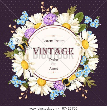 Vintage vector card with meadow flowers and bumblebees