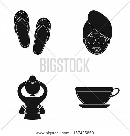 Slippers for the spa salon, a girl s face with a cucumber mask with a towel on her head, massage with her hands on her back, a cup with a refreshing drink.Spa set collection icons in black style vector symbol stock illustration .