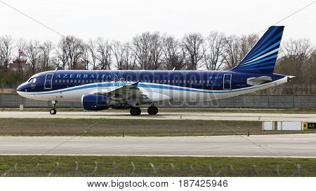 Borispol, Ukraine - March 25, 2017: AZAL Azerbaijan Airlines Airbus A320-200 aircraft running on the runway of Borispol International Airport on March 25, 2017. Editorial use only