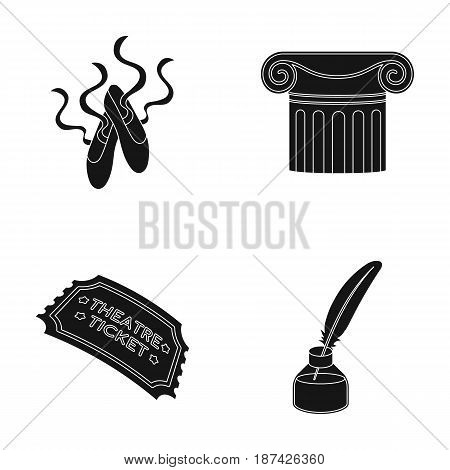 Pointe shoes, column, theater ticket, inkwell with feather. Theater set collection icons in black style vector symbol stock illustration .