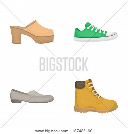 Flip-flops, clogs on a high platform and heel, green sneakers with laces, female gray ballet flats, red shoes on the tractor sole. Shoes set collection icons in cartoon style vector symbol stock illustration .
