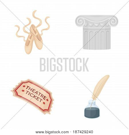 Pointe shoes, column, theater ticket, inkwell with feather. Theater set collection icons in cartoon style vector symbol stock illustration .