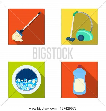 A mop with a handle for washing floors, a green vacuum cleaner, a window of a washing machine with water and foam, a bottle with a cleaning agent. Cleaning set collection icons in flat style vector symbol stock illustration .