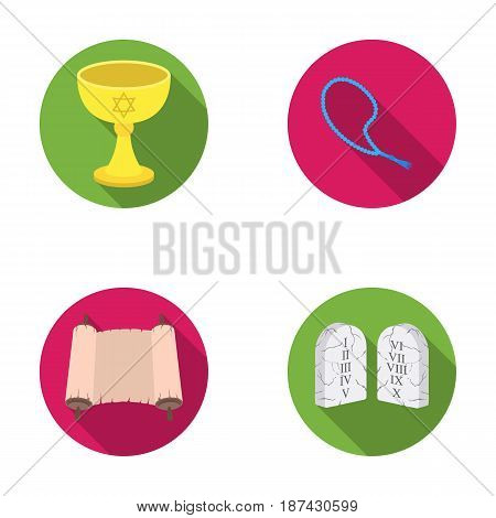 A cup of wine, Islamic beads, ten commandments, tanakh. Religion set collection icons in flat style vector symbol stock illustration .