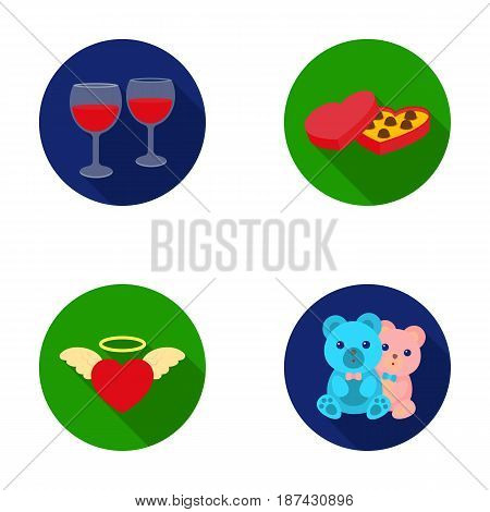 Glasses with wine, chocolate hearts, bears, valentine.Romantik set collection icons in flat style vector symbol stock illustration .