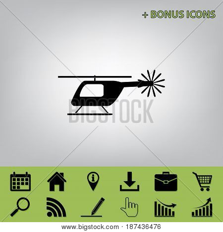 Helicopter sign illustration. Vector. Black icon at gray background with bonus icons at celery ones