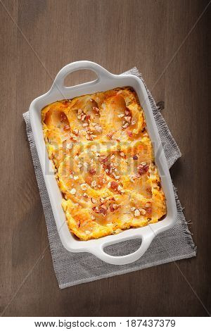 Parmentier of pumpkin and potatoes with beef.