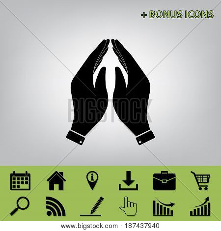 Hand icon illustration. Prayer symbol. Vector. Black icon at gray background with bonus icons at celery ones