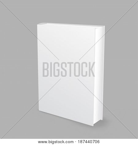 Standing closed white paper book with shadow on gray background. Empty cover template. Education literature symbol. Author writer show product