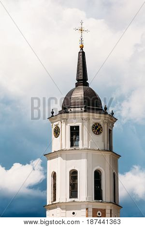Vilnius, Lithuania. Close Up View Of Bell Tower Of Cathedral Basilica Of St. Stanislaus And St. Vladislav On Cathedral Square, Famous Landmark