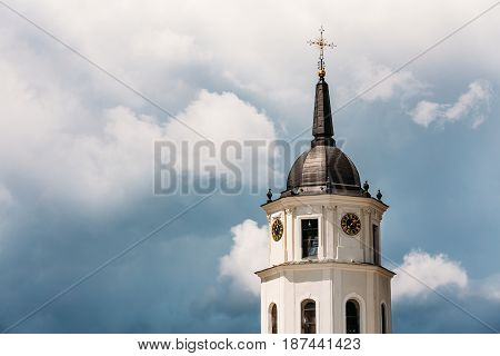 Vilnius, Lithuania. Close Up View Of Bell Tower Of Cathedral Basilica Of St. Stanislaus And St. Vladislav On Cathedral Square, Famous Landmark