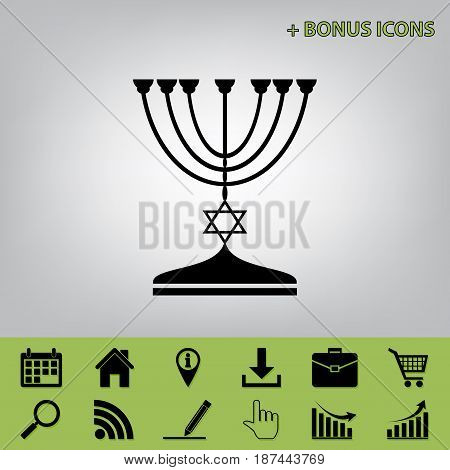 Jewish Menorah candlestick in black silhouette. Vector. Black icon at gray background with bonus icons at celery ones