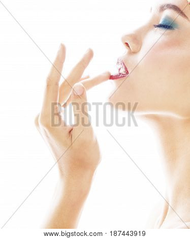 young pretty modern girl with bright shawl on head emotional posing isolated on white background, asian people ethnicity close up