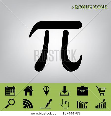Pi greek letter sign. Vector. Black icon at gray background with bonus icons at celery ones