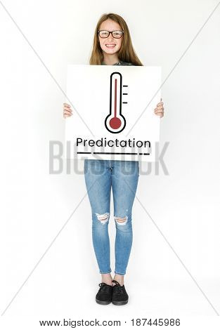 Woman holding billboard network graphic overlay