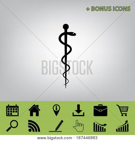 Symbol of the Medicine. Vector. Black icon at gray background with bonus icons at celery ones